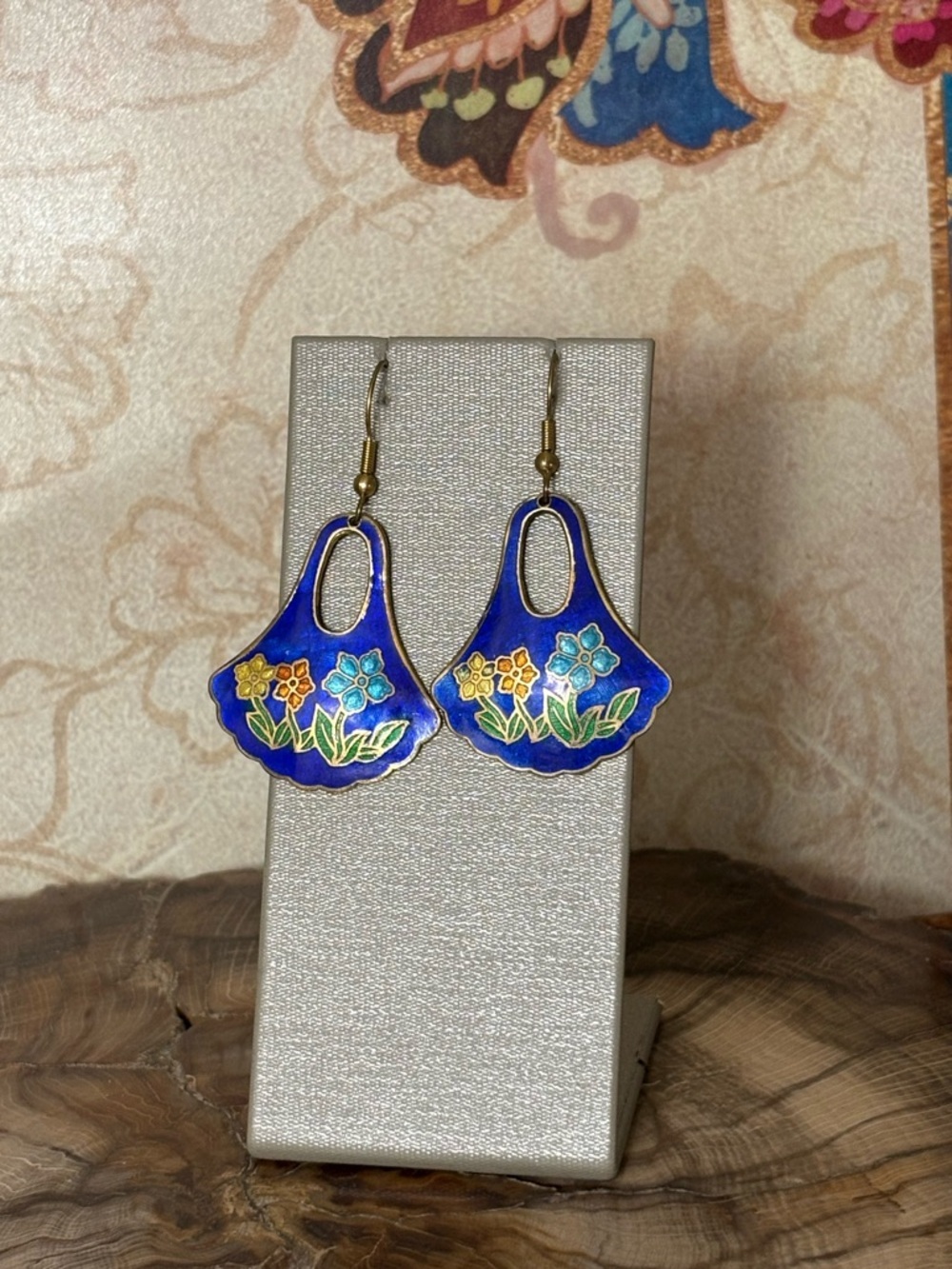 Blue Cloisonne Floral Brass Earrings